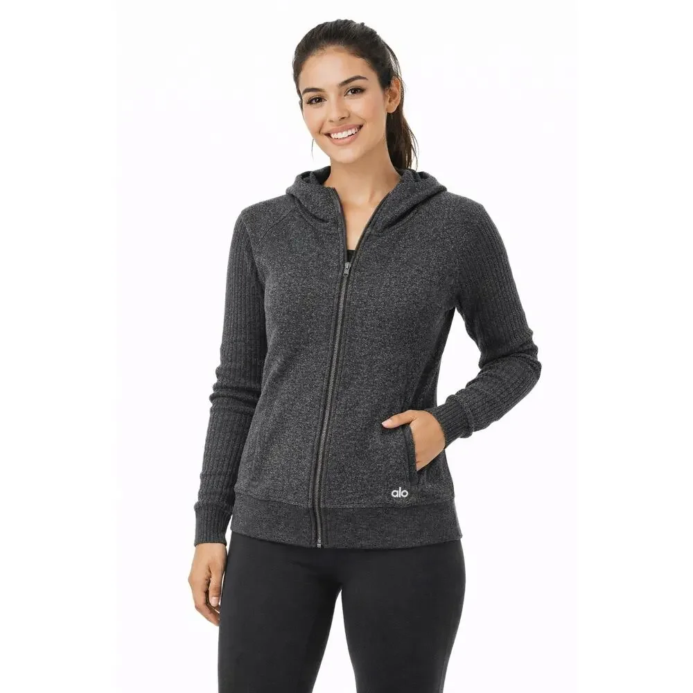 Alo Yoga Ribbed Sleeve Full Zip‎ Performance Hoodie Zipper Pockets Heather Gray